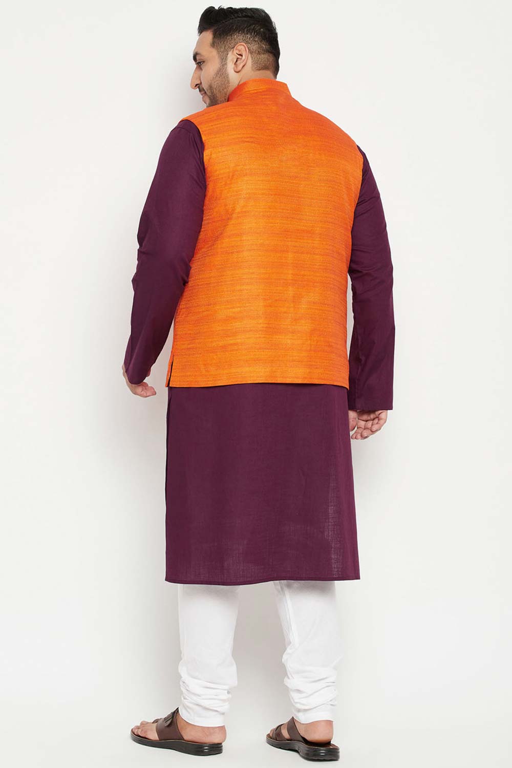 Buy Men's Cotton Blend Solid Kurta Set in Purple - Back