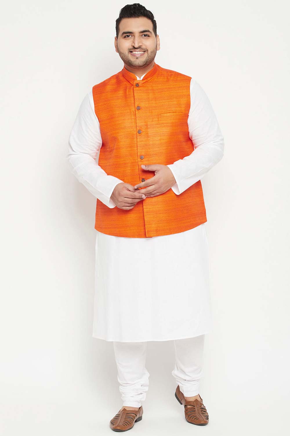 Buy Men's Cotton Blend Solid Kurta Set in White - Front