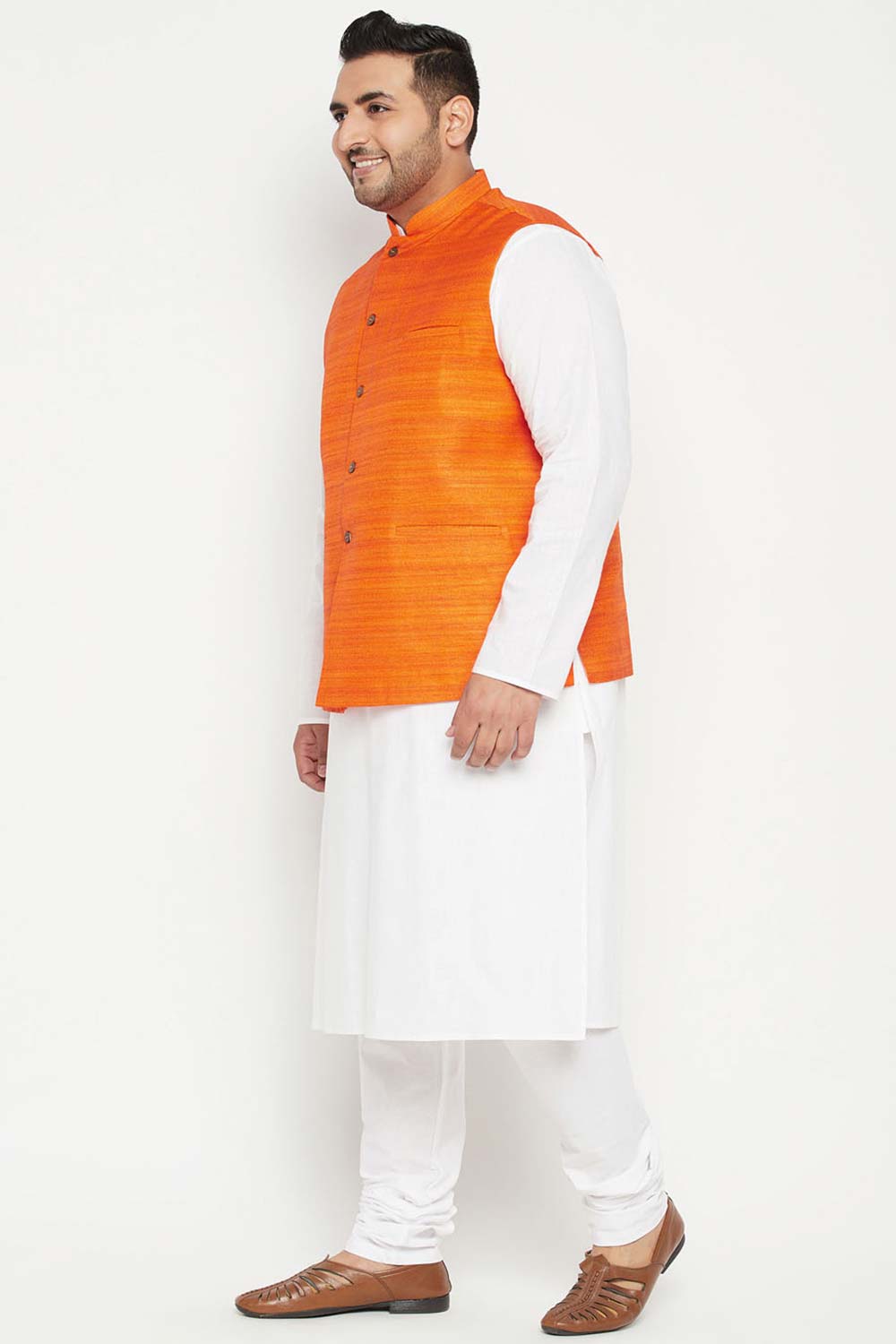 Buy Men's Cotton Blend Solid Kurta Set in White - Side