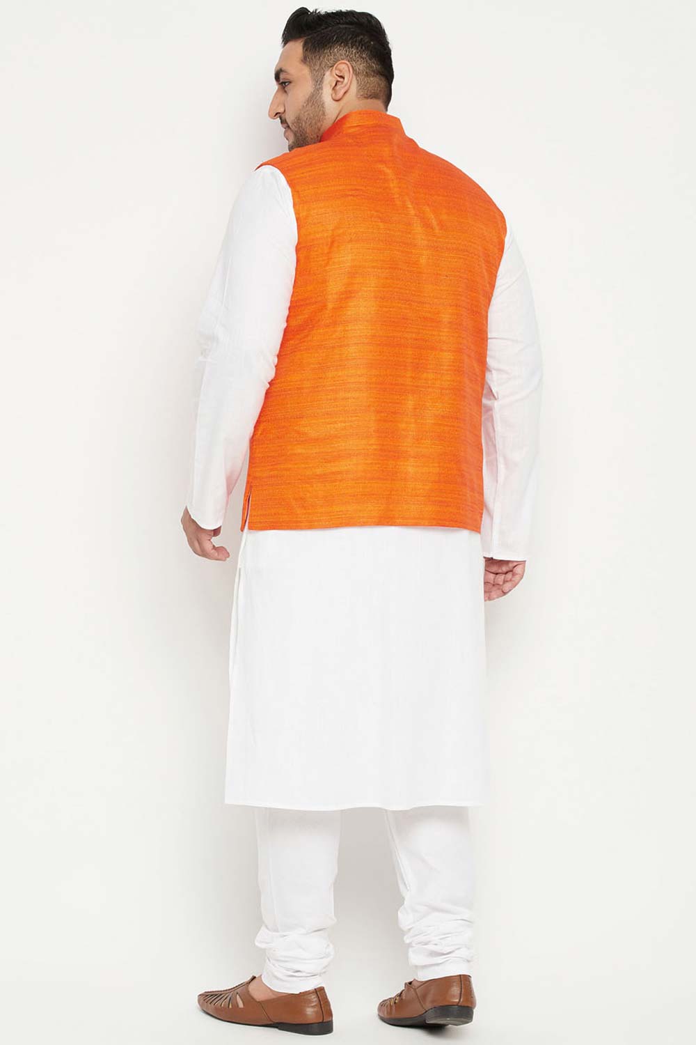 Buy Men's Cotton Blend Solid Kurta Set in White - Back