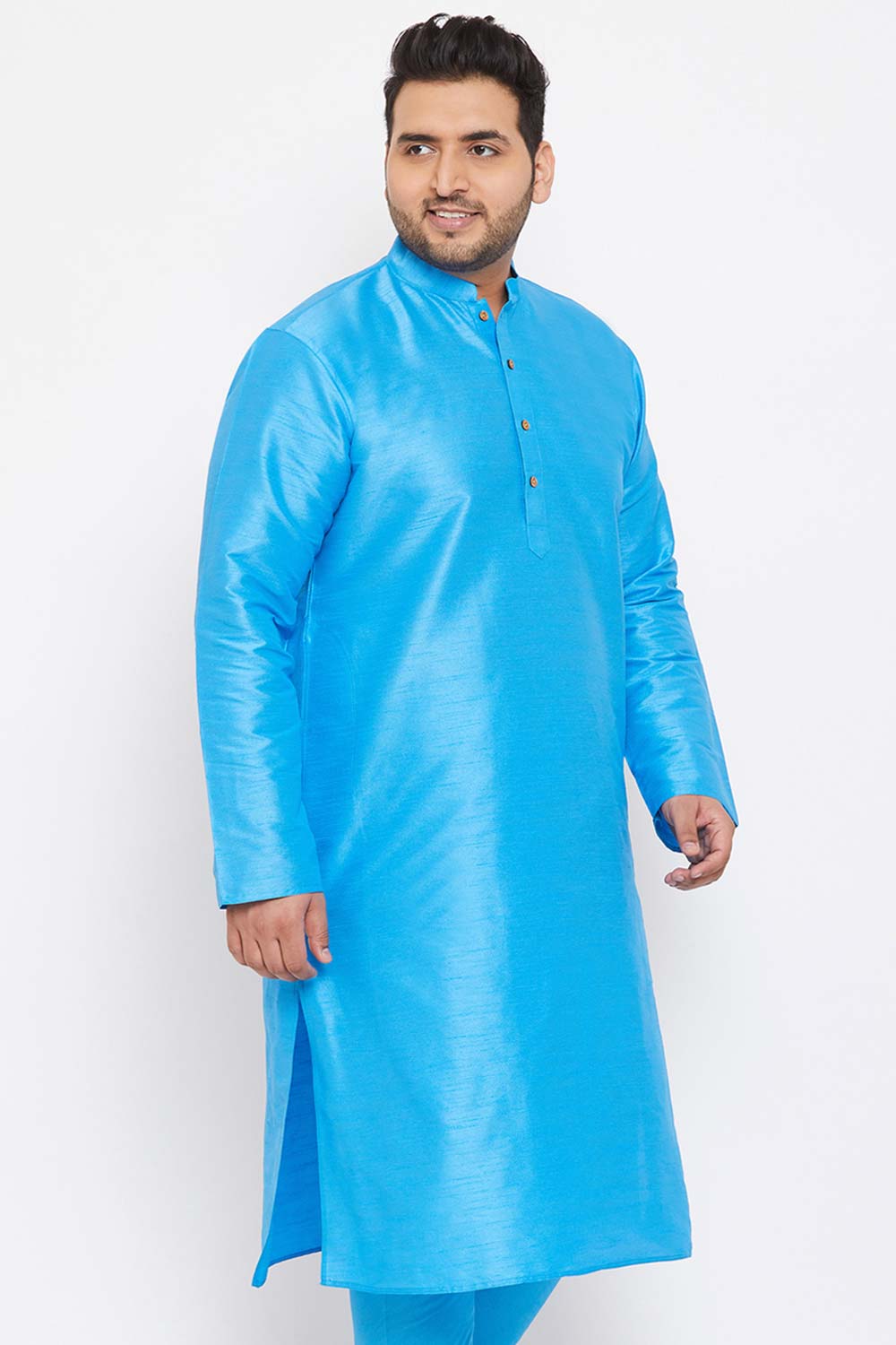 Buy Men's Silk Blend Solid Kurta in Aqua Blue - Side