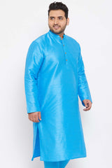 Buy Men's Silk Blend Solid Kurta in Aqua Blue - Side