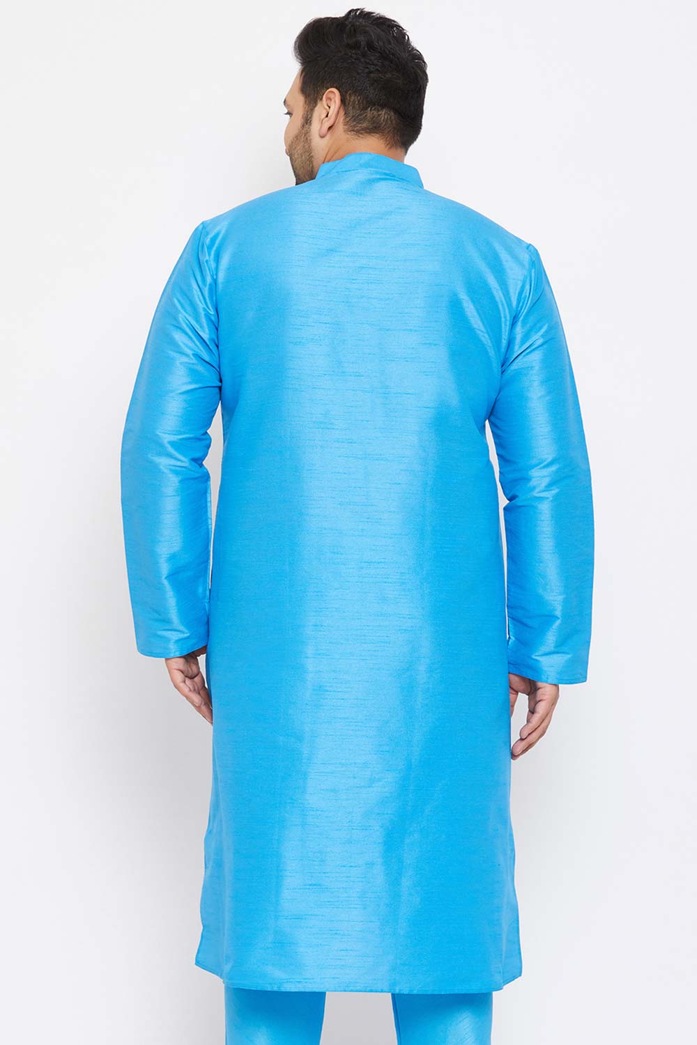 Buy Men's Silk Blend Solid Kurta in Aqua Blue - Back