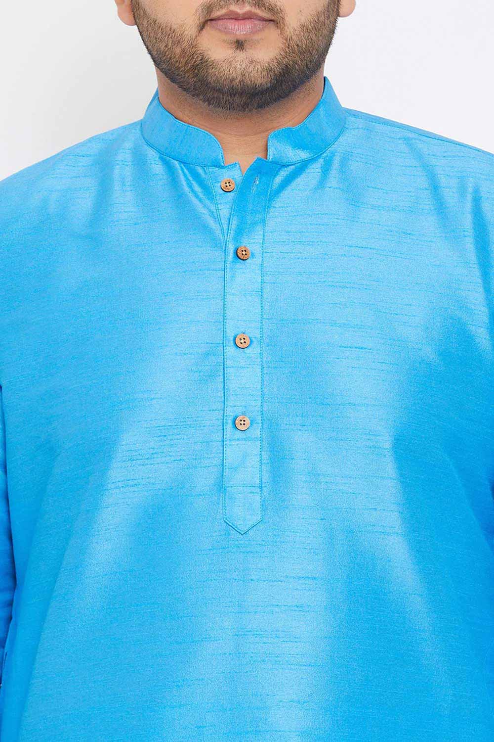 Buy Men's Silk Blend Solid Kurta in Aqua Blue - Zoom in