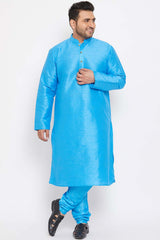 Buy Men's Silk Blend Solid Kurta in Aqua Blue - Zoom Out