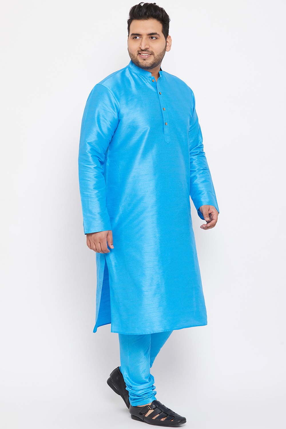 Buy Men's Silk Blend Solid Kurta Set in Aqua Blue - Side