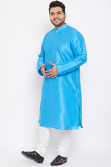 Buy Men's Silk Blend Solid Kurta Set in Aqua Blue - Side