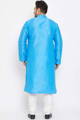 Buy Men's Silk Blend Solid Kurta Set in Aqua Blue - Back