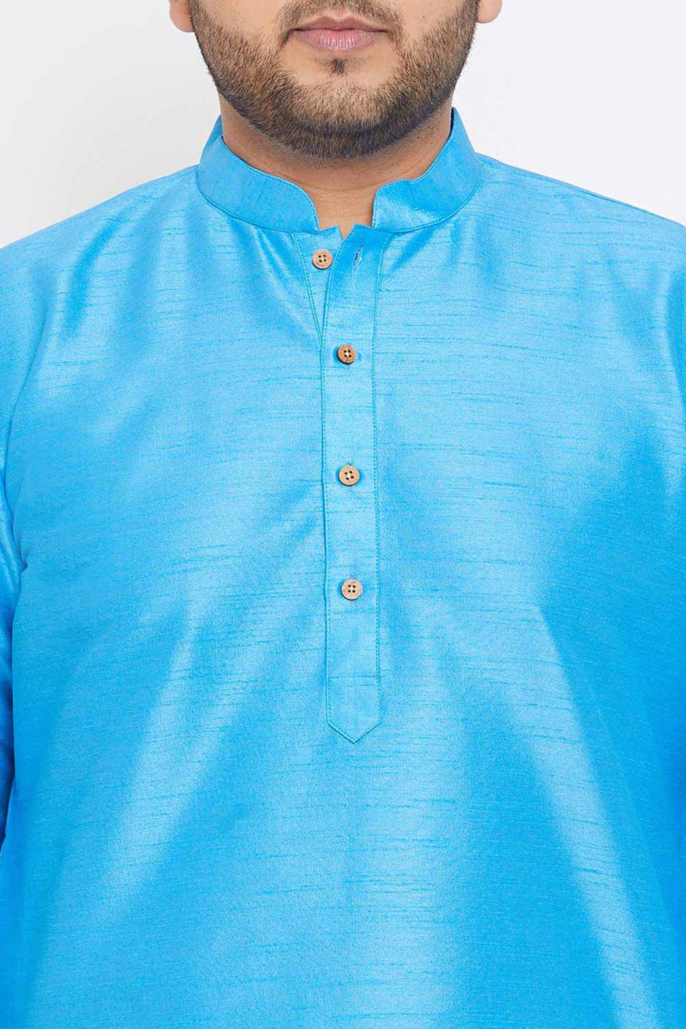 Buy Men's Silk Blend Solid Kurta Set in Aqua Blue - Zoom in