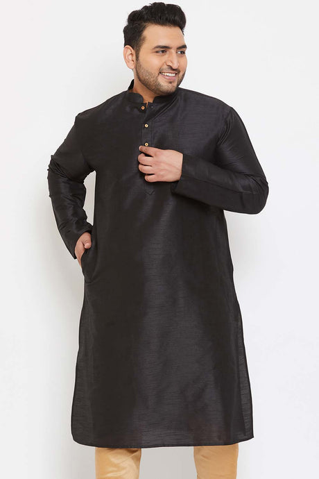 Buy Men's Silk Blend Solid Kurta in Black - Front