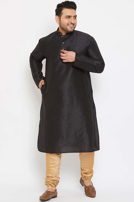 Buy Men's Silk Blend Solid Kurta Set in Black - Front