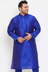 Buy Men's Silk Blend Solid Kurta in Blue - Front