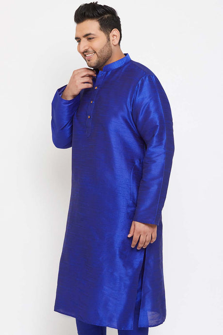 Buy Men's Silk Blend Solid Kurta in Blue - Side