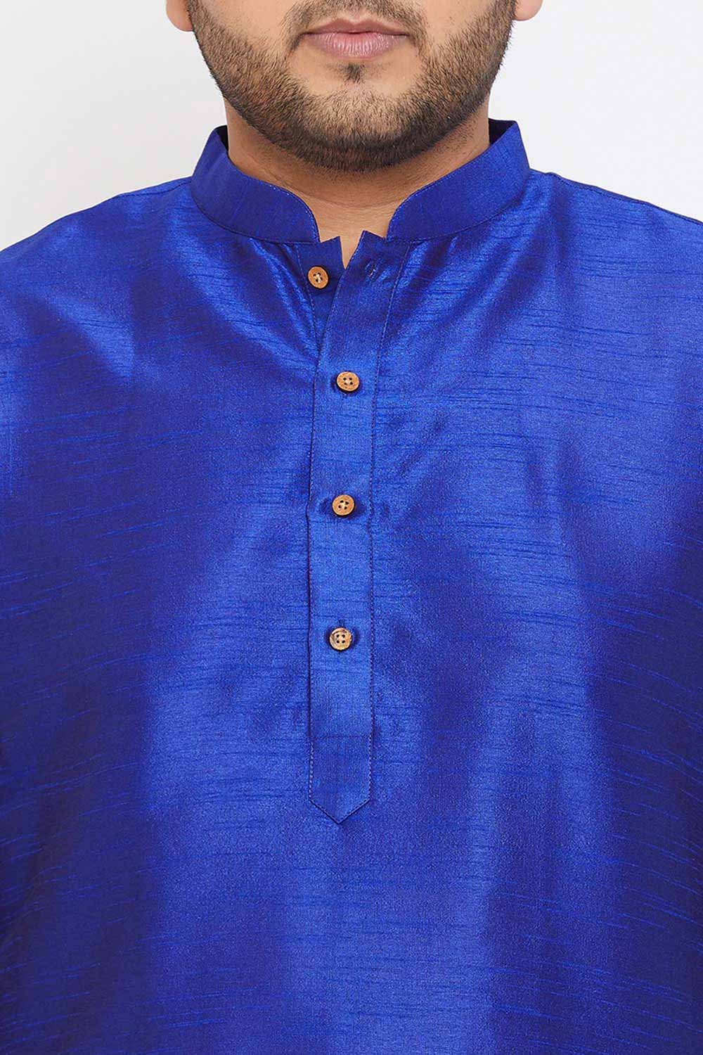 Buy Men's Silk Blend Solid Kurta in Blue - Zoom in