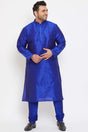 Buy Men's Silk Blend Solid Kurta Set in Blue - Front