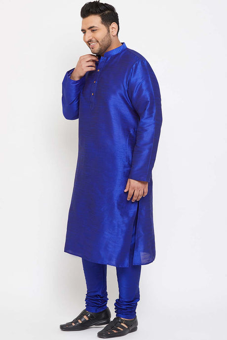 Buy Men's Silk Blend Solid Kurta Set in Blue - Side
