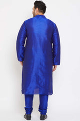 Buy Men's Silk Blend Solid Kurta Set in Blue - Back