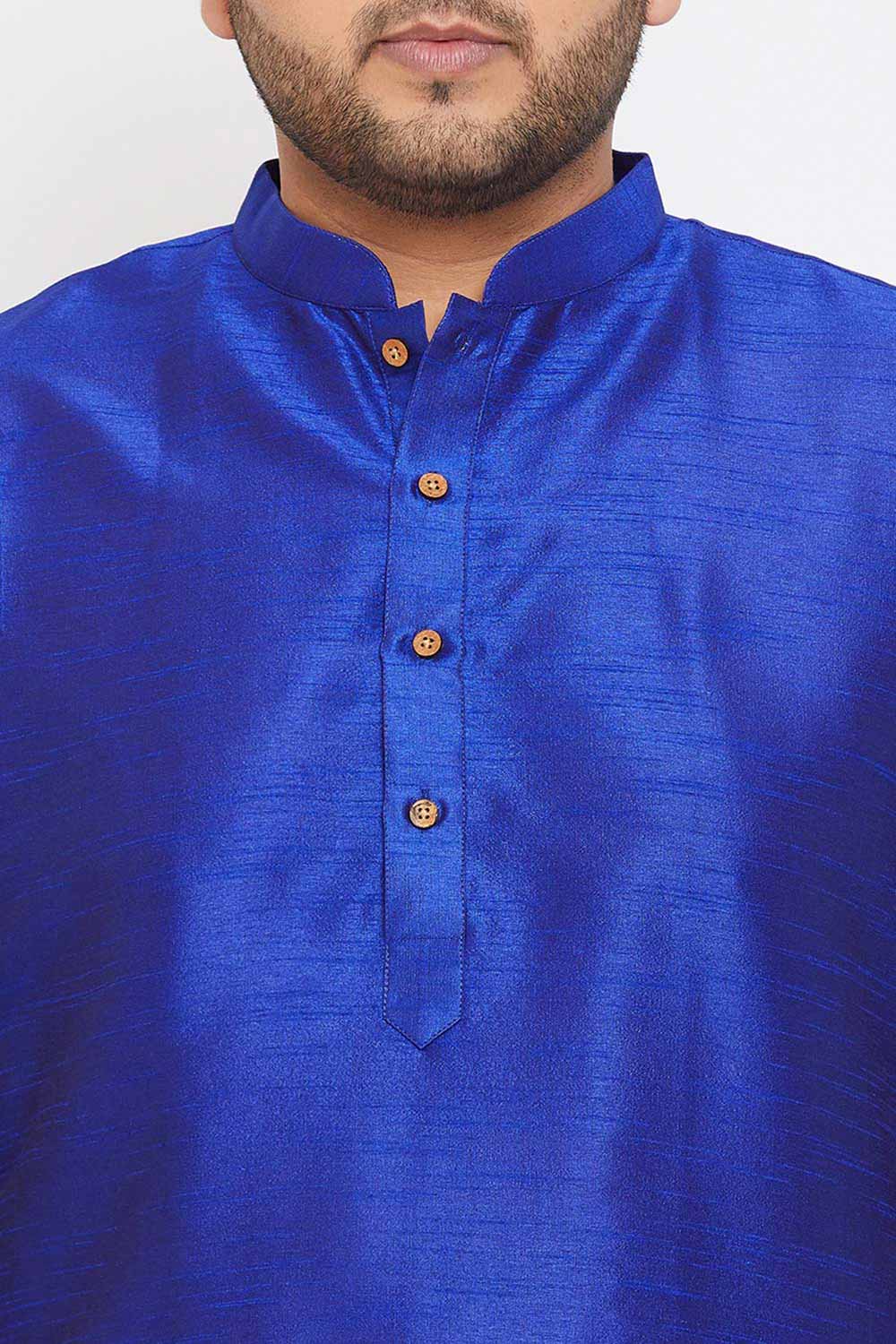 Buy Men's Silk Blend Solid Kurta Set in Blue - Zoom in