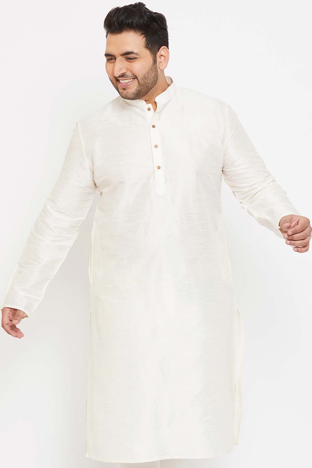 Buy Men's Silk Blend Solid Kurta in Cream - Front