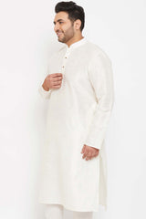 Buy Men's Silk Blend Solid Kurta in Cream - Side