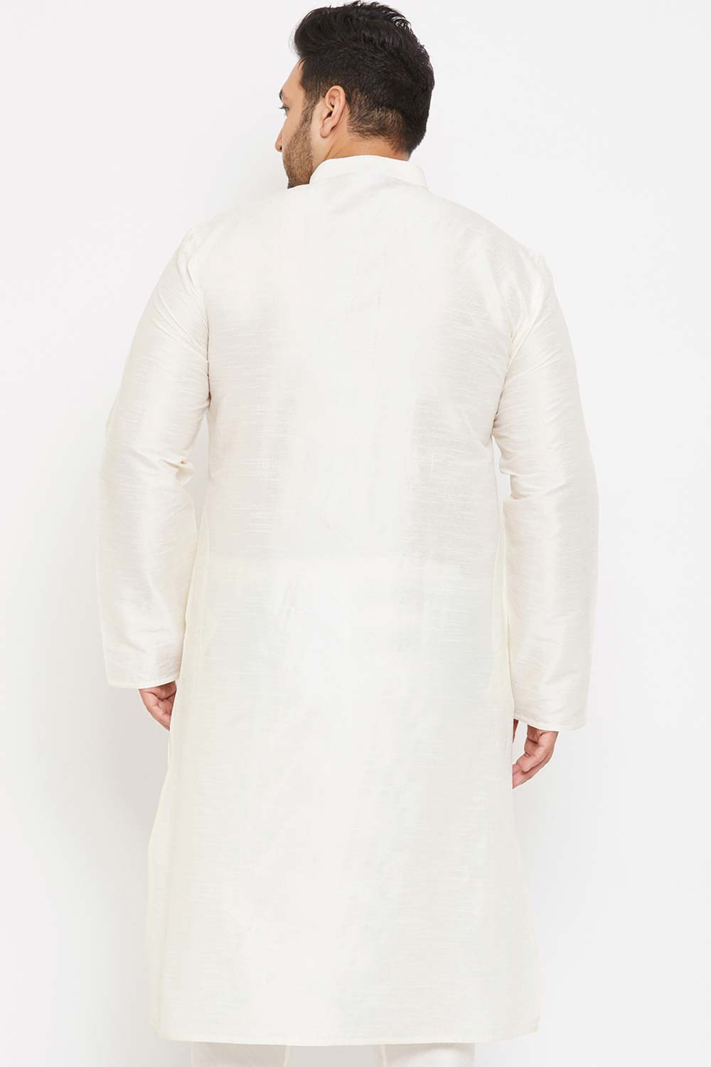 Buy Men's Silk Blend Solid Kurta in Cream - Back