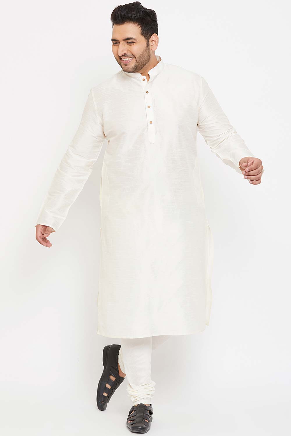 Buy Men's Silk Blend Solid Kurta in Cream - Zoom Out