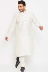 Buy Men's Silk Blend Solid Kurta Set in Cream - Front