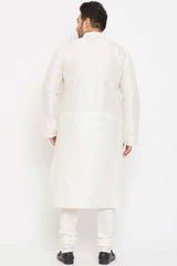 Buy Men's Silk Blend Solid Kurta Set in Cream - Back