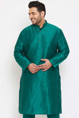 Buy Men's Silk Blend Solid Kurta in Green - Front