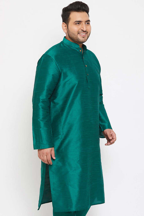 Buy Men's Silk Blend Solid Kurta in Green - Side
