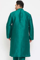 Buy Men's Silk Blend Solid Kurta in Green - Back