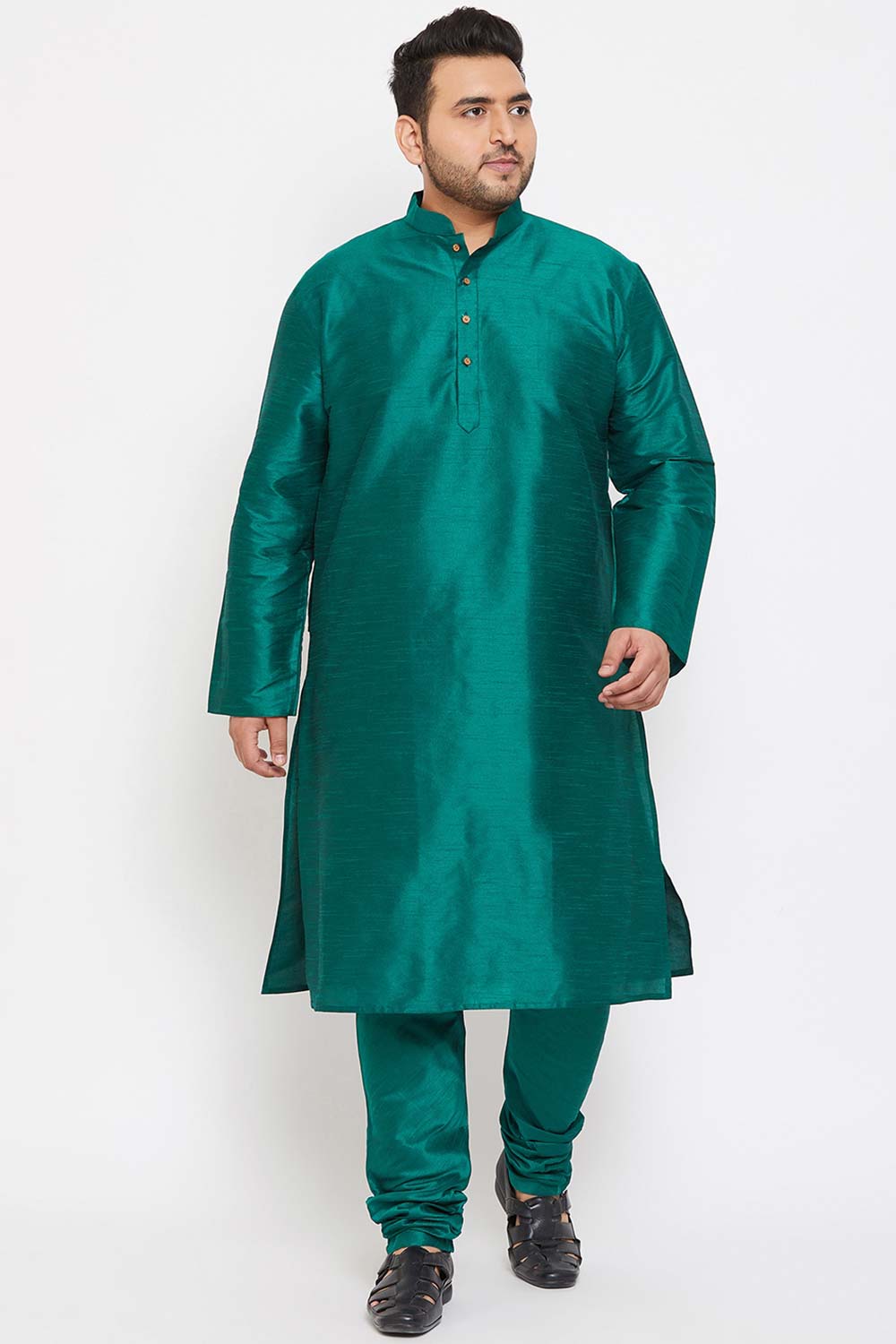 Buy Men's Silk Blend Solid Kurta in Green - Zoom Out