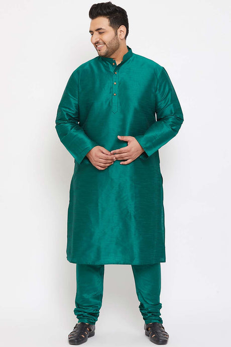 Buy Men's Silk Blend Solid Kurta Set in Green - Front