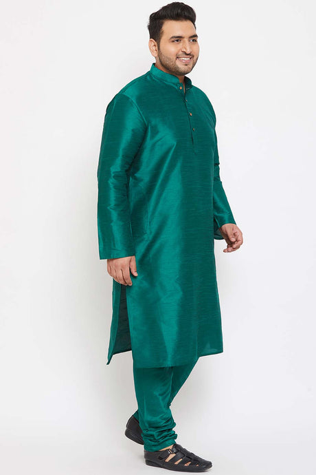 Buy Men's Silk Blend Solid Kurta Set in Green - Side