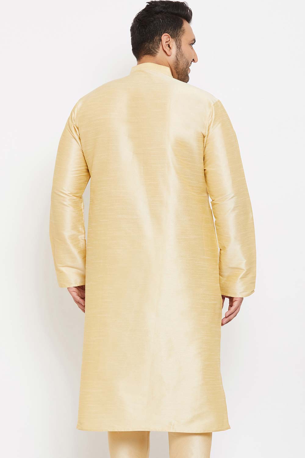 Buy Men's Silk Blend Solid Kurta in Gold - Back