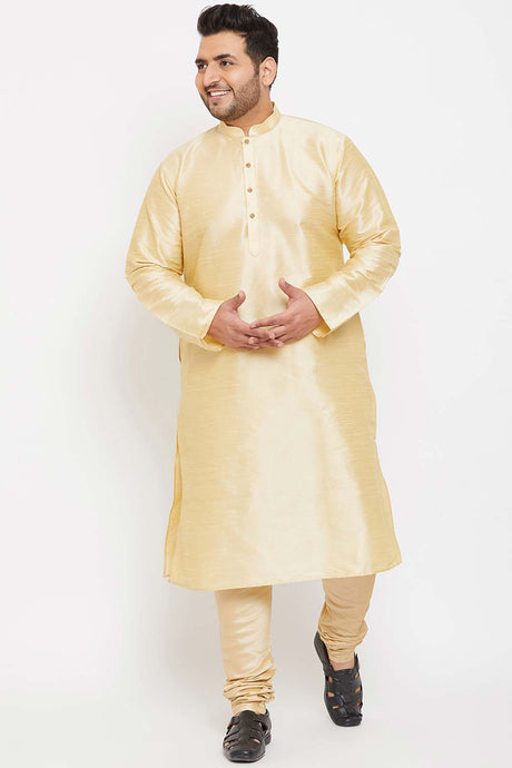 Buy Men's Silk Blend Solid Kurta Set in Gold - Front