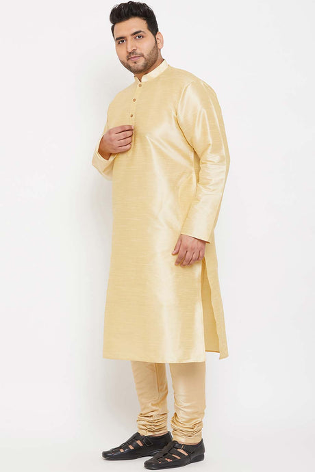 Buy Men's Silk Blend Solid Kurta Set in Gold - Side