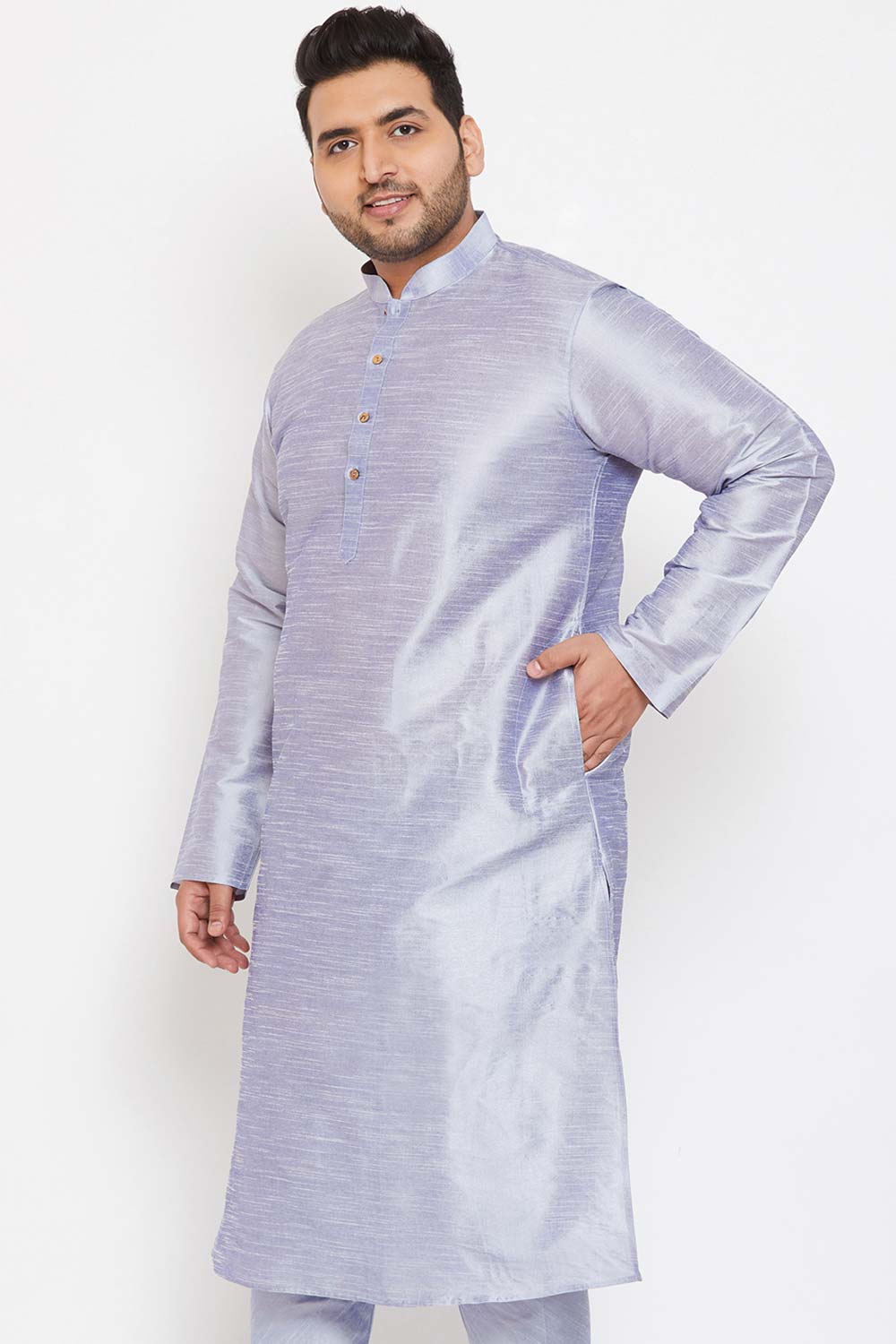 Buy Men's Silk Blend Solid Kurta in Lavender Blue - Side