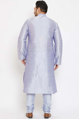 Buy Men's Silk Blend Solid Kurta Set in Lavender Blue - Back