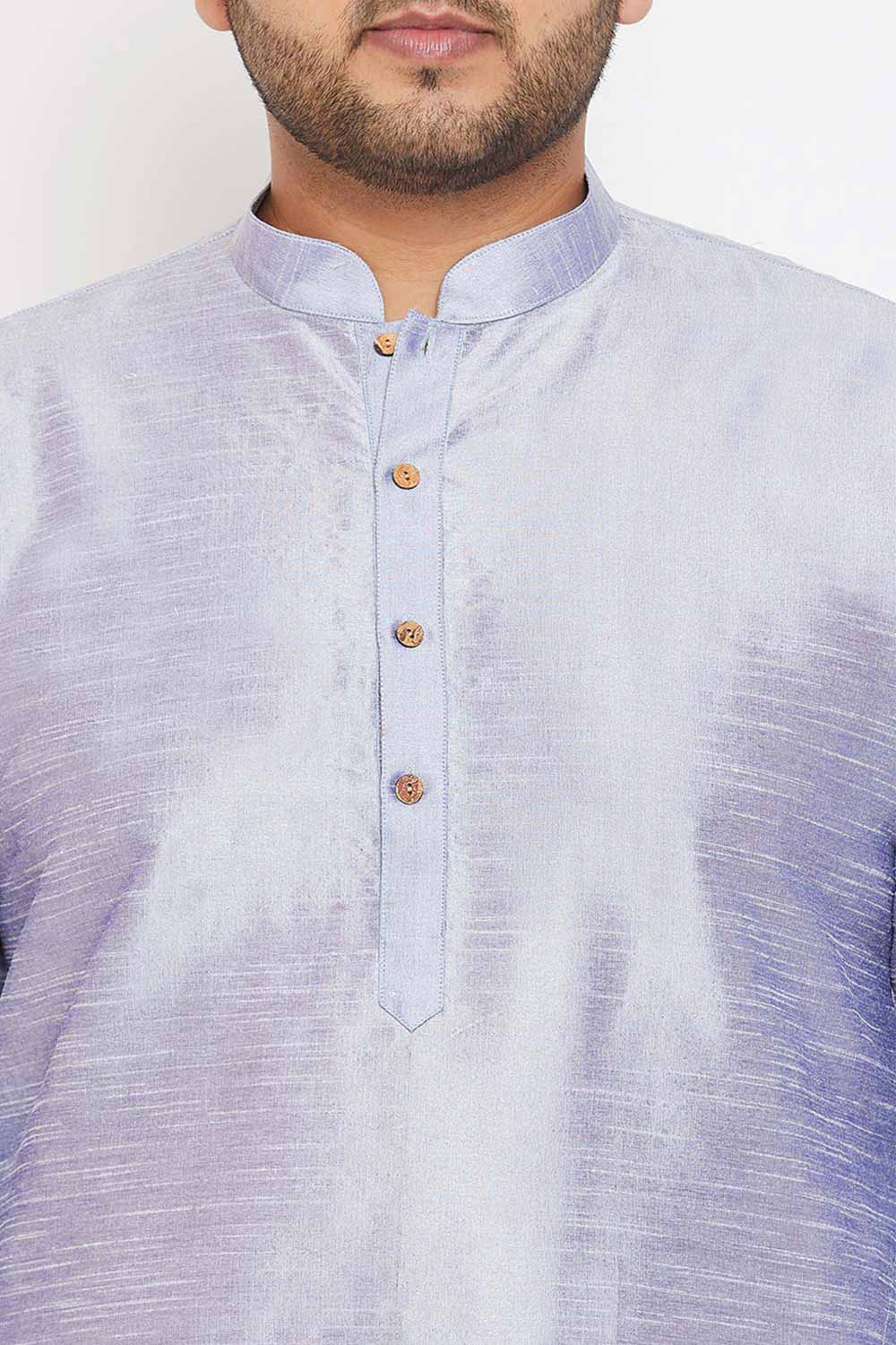 Buy Men's Silk Blend Solid Kurta Set in Lavender Blue - Zoom in