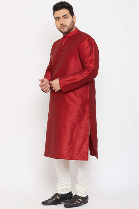 Buy Men's Silk Blend Solid Kurta Set in Maroon - Side