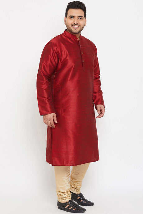 Buy Men's Silk Blend Solid Kurta Set in Maroon - Side