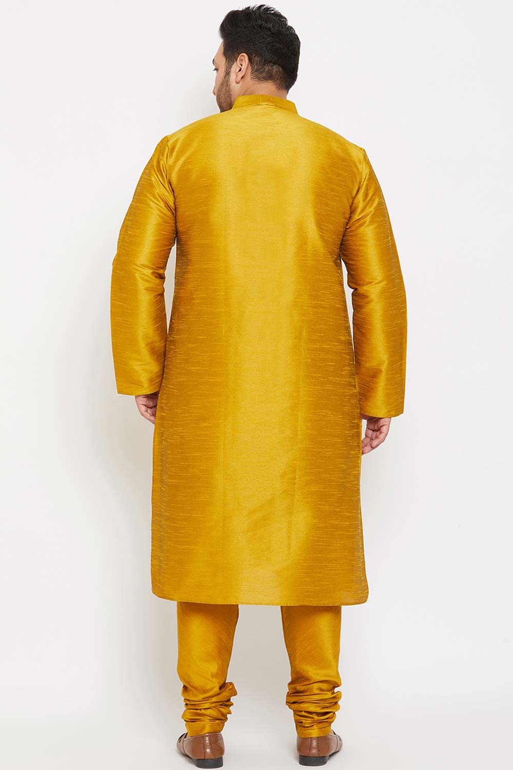 Buy Men's Silk Blend Solid Kurta Set in Mustard - Back