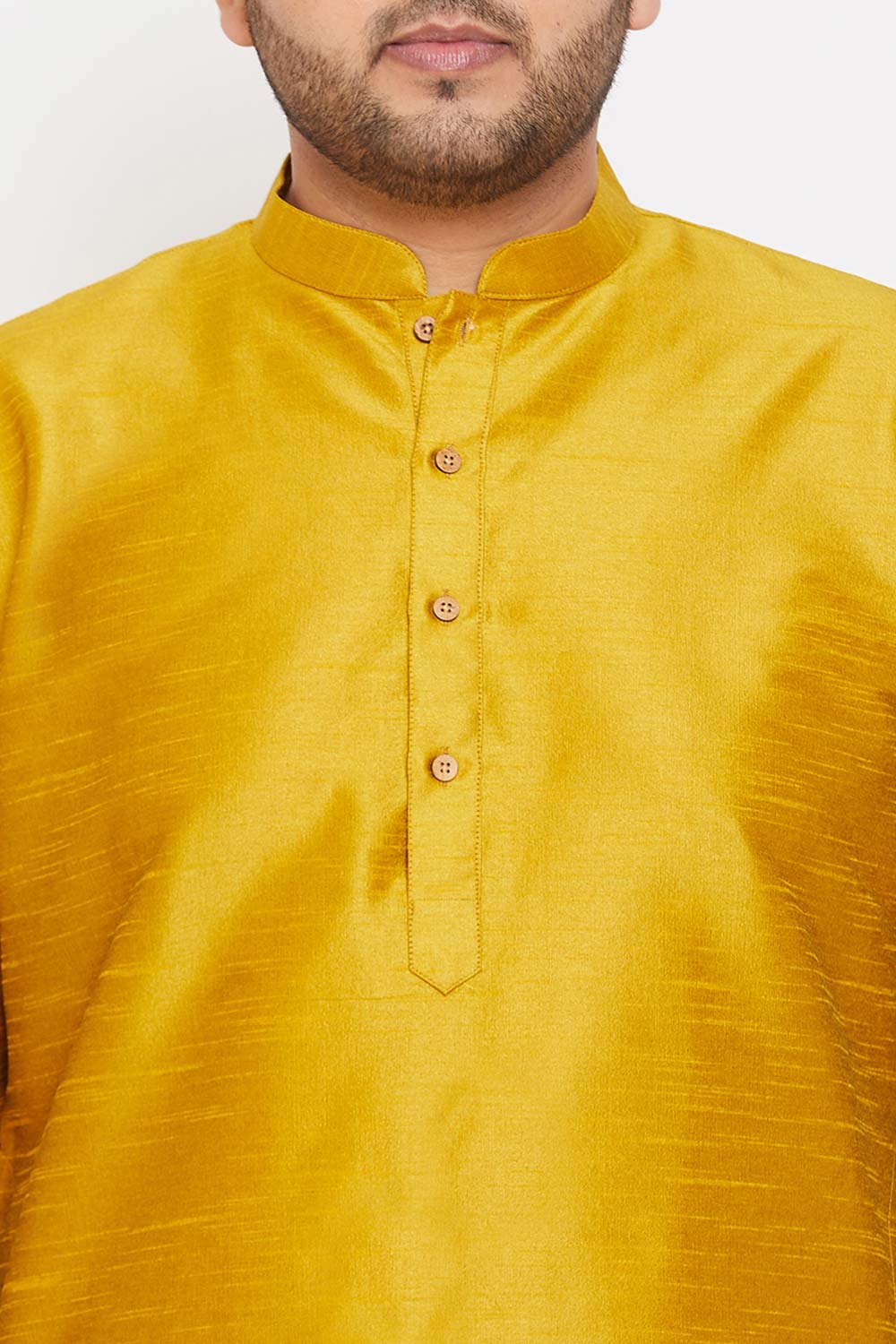 Buy Men's Silk Blend Solid Kurta Set in Mustard - Zoom in