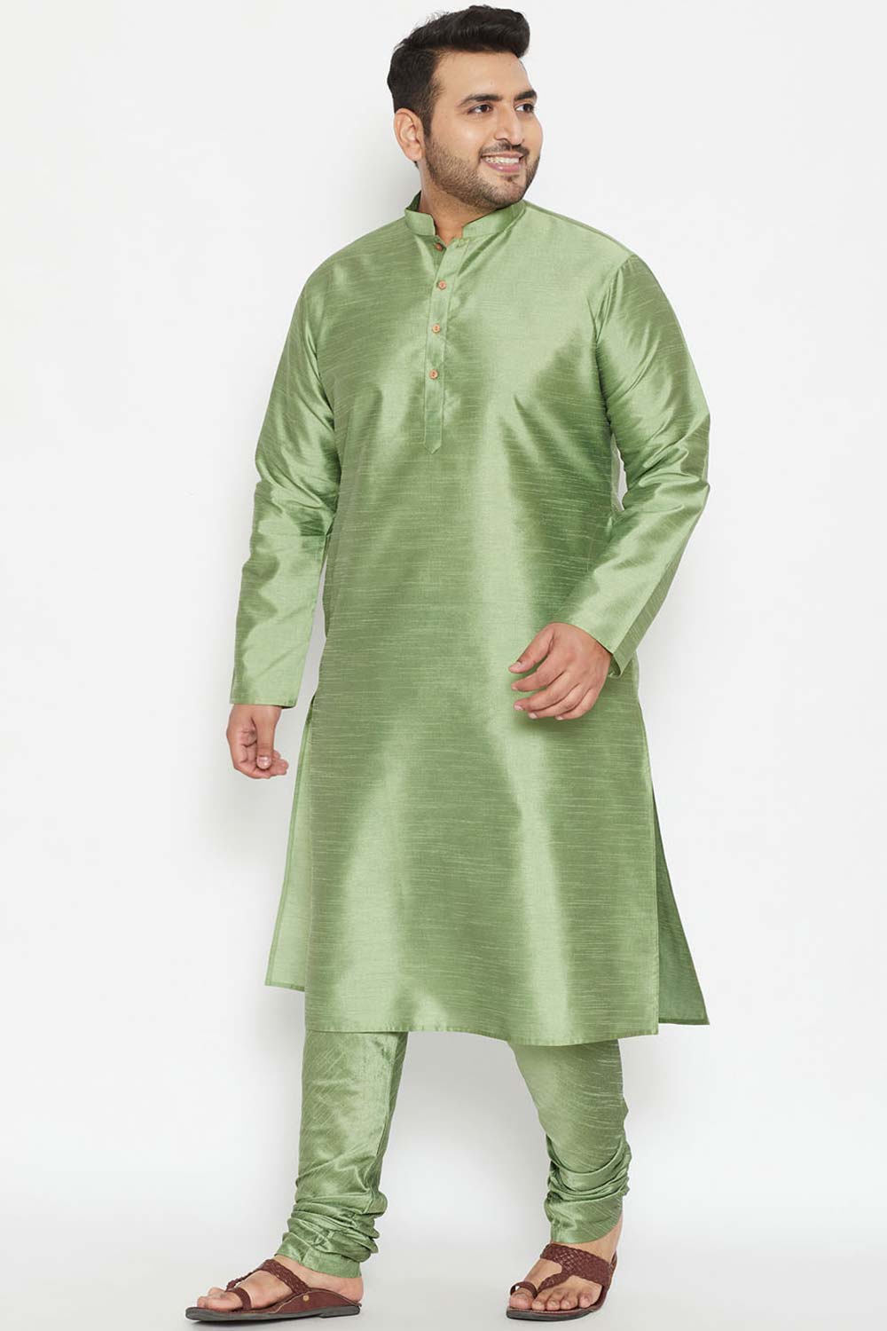 Buy Men's Silk Blend Solid Kurta in Mint Green - Zoom Out