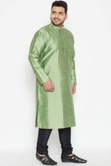Buy Men's Silk Blend Solid Kurta Set in Mint Green - Side