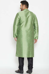 Buy Men's Silk Blend Solid Kurta Set in Mint Green - Back