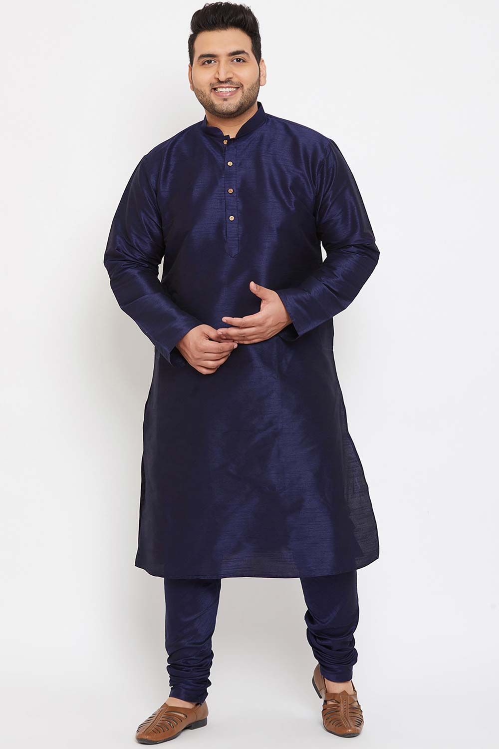 Buy Men's Silk Blend Solid Kurta Set in Navy Blue - Front