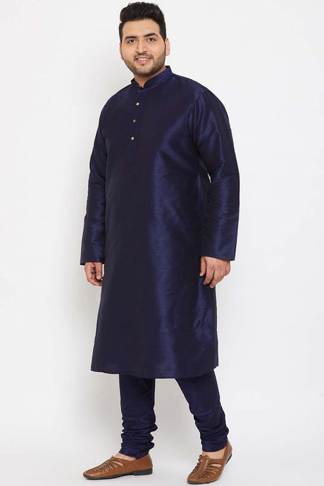 Buy Men's Silk Blend Solid Kurta Set in Navy Blue - Side