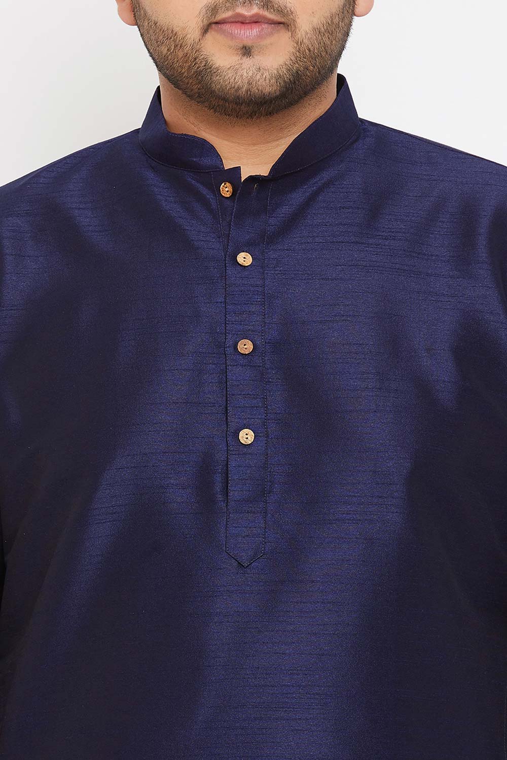 Buy Men's Silk Blend Solid Kurta Set in Navy Blue - Zoom in